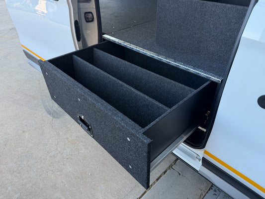 Lawson twin opposed sliding-door drawer extended in a Ford Transit Custom, showing adjustable storage dividers