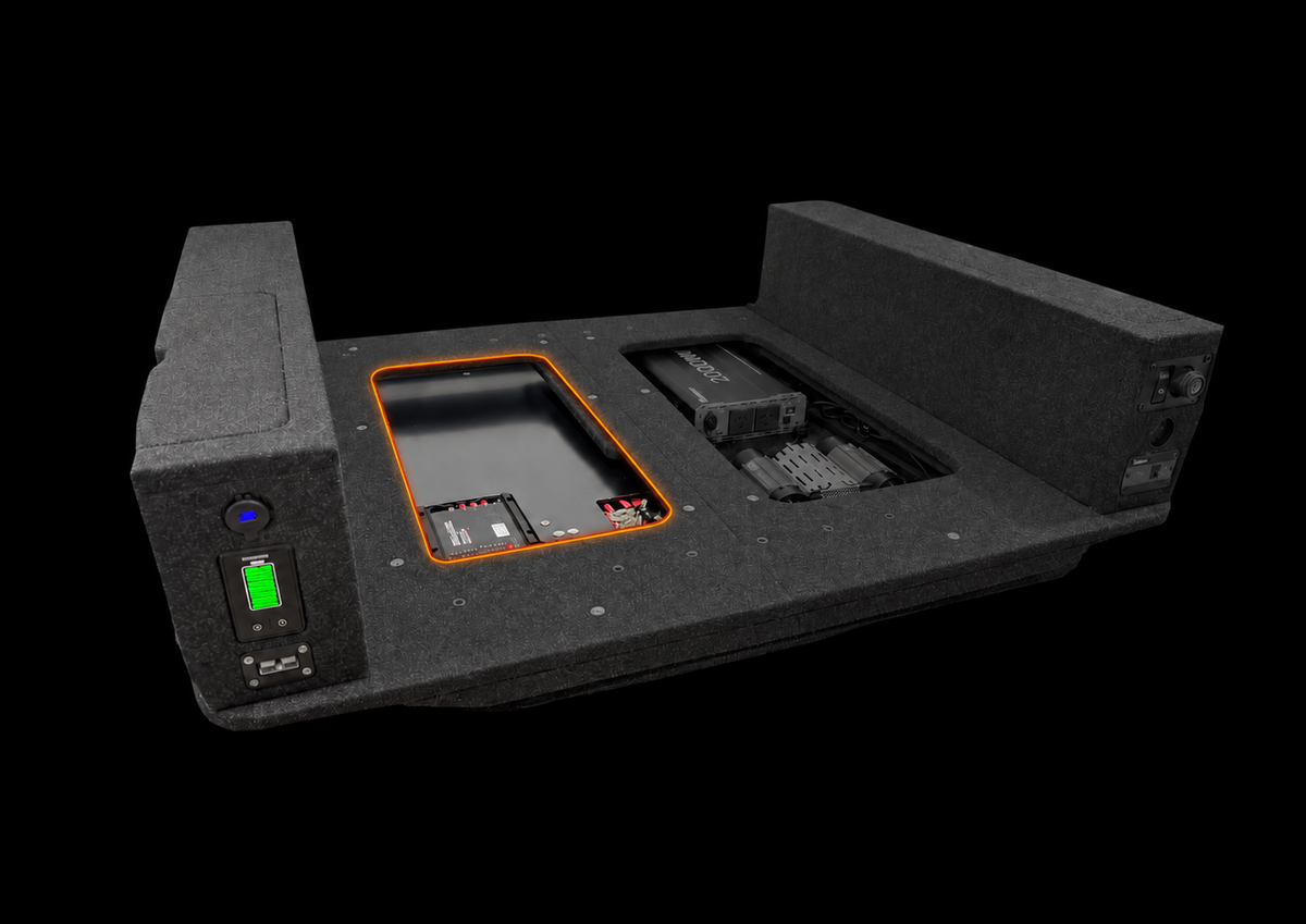 LandCruiser 300 INFINITY floor showing PowerDeck battery location