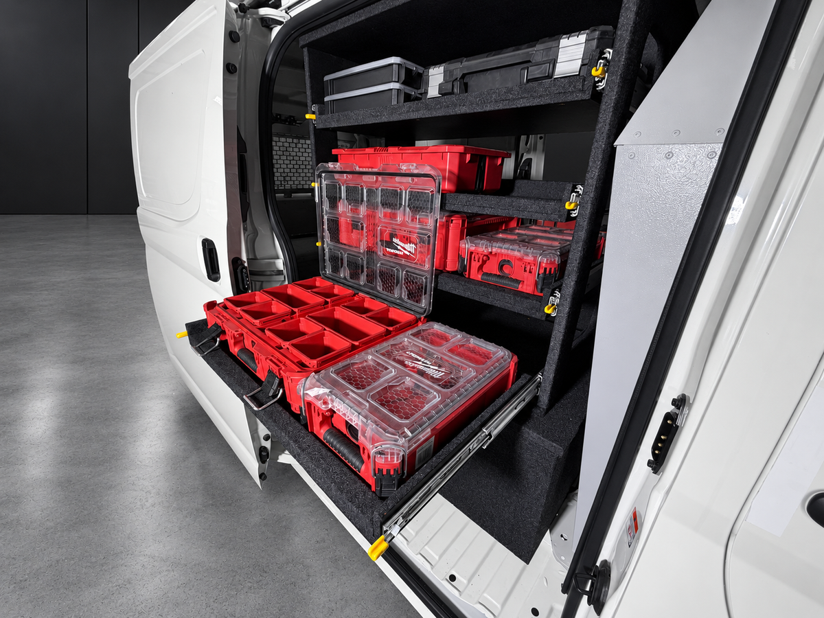 Milwaukee Packout organiser opened on an extended Lawson side door shelf