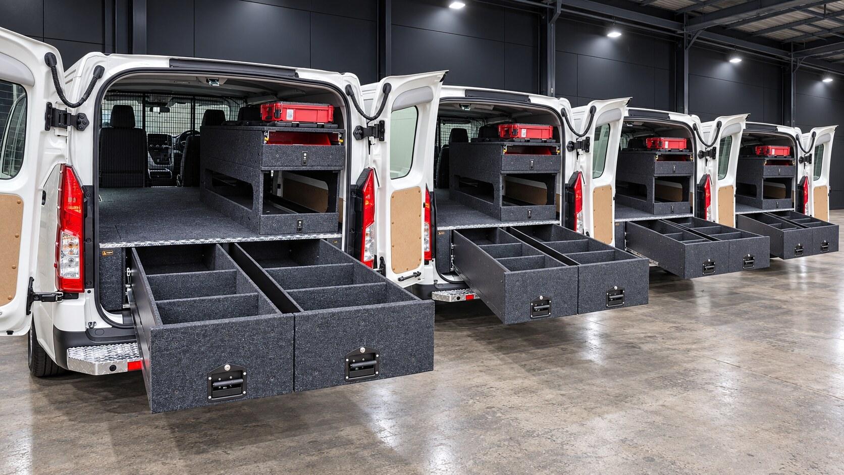 Row of Toyota HiAce fleet vans with Lawson Automotive rear drawer systems