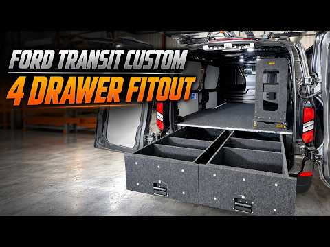Ford Transit Custom four-drawer fit-out with Easy Access slide and side shelf, from the Lawson Automotive video