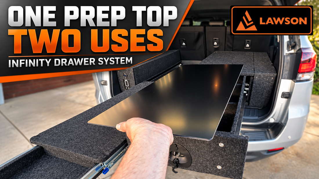 INFINITY removable prep top demonstrated on a standard drawer in a LandCruiser 300, with One Prep Top Two Uses title