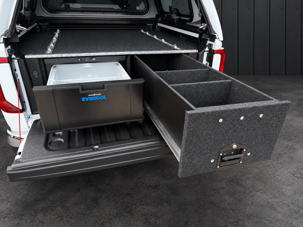 Lawson 40-litre EvaKool drawer-fridge and drawer storage system fitted to a ute