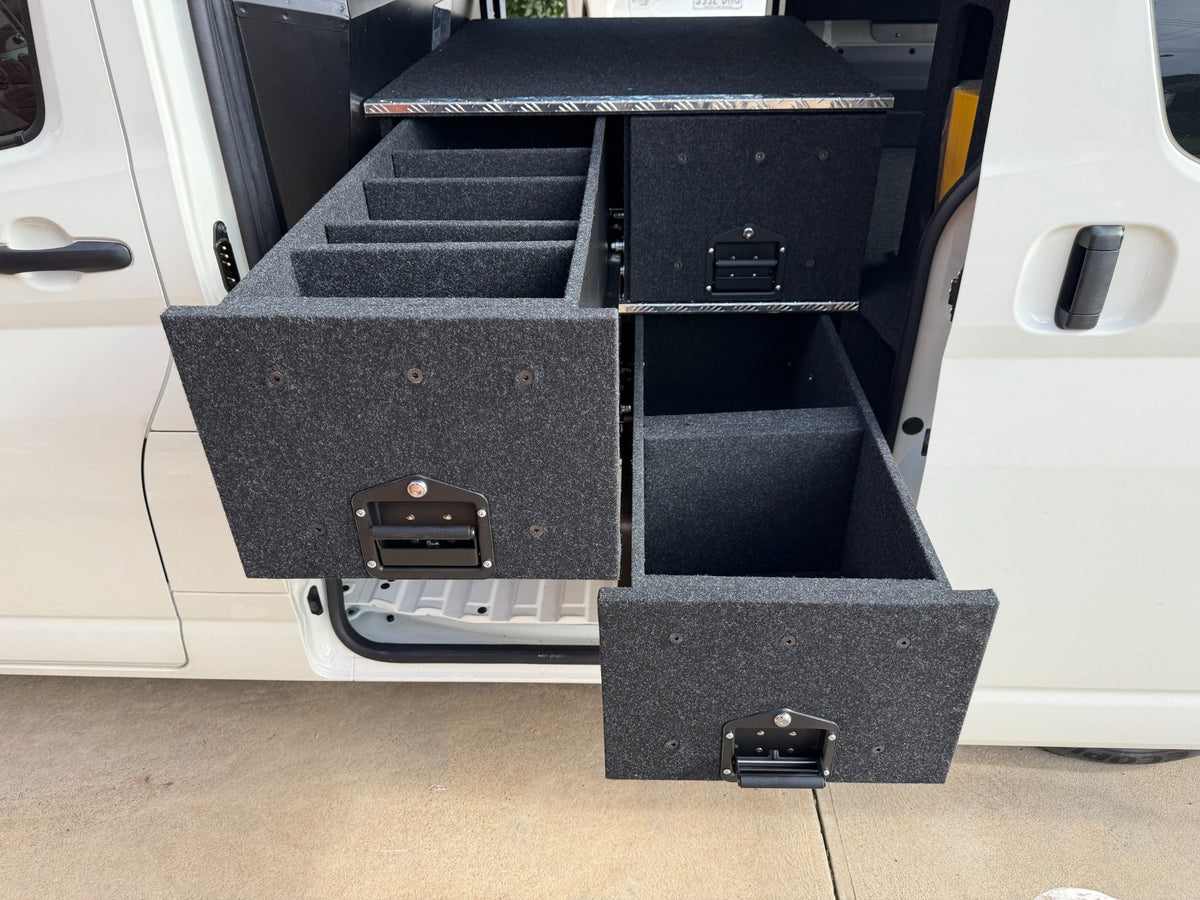 Custom HiAce passenger-side stacked drawers with two storage drawers extended