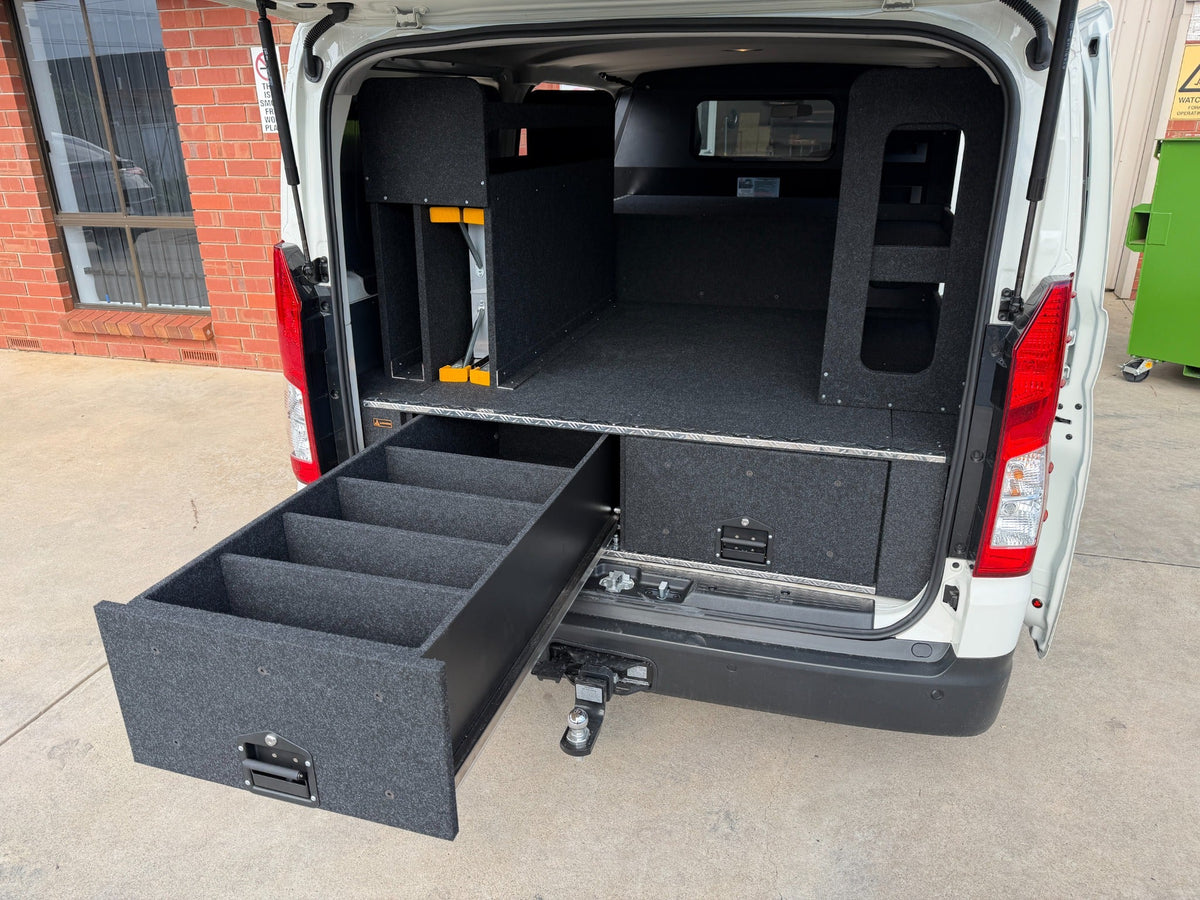 Toyota HiAce rear drawers and drawer-top shelving with a built-in ladder hutch