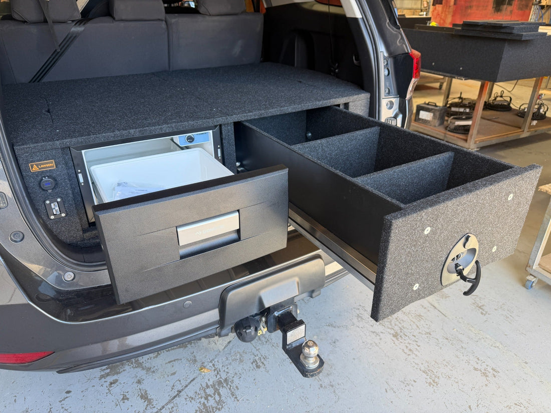 Dometic fridge and single drawer both extended from the Fortuner