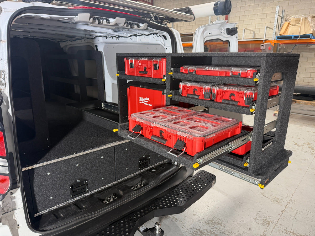 Milwaukee Easy Access System installed above Ford Transit Custom van drawers, with one PACKOUT organiser tier extended
