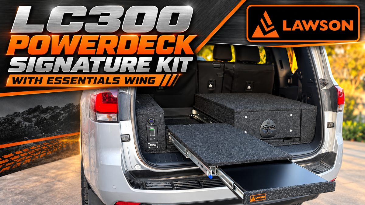 LandCruiser 300 PowerDeck and INFINITY Signature kit with Essentials wing, slide deck and slim drawer extended