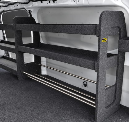 Drawer top shelving bay with base cable holder installed in a van