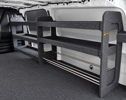 Wide view of drawer top shelving with base cable holder installed in a van