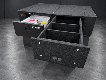 Showroom display of a 30 litre Kings drawer fridge beside a drawer