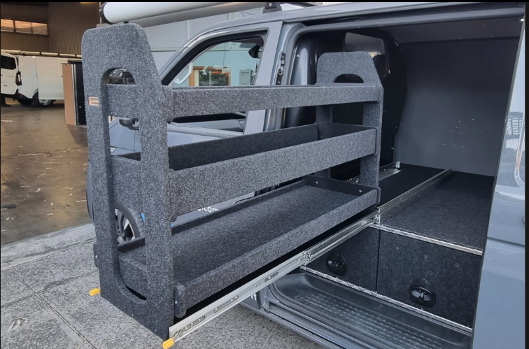 Easy Access shelving extending through the HiAce sliding door