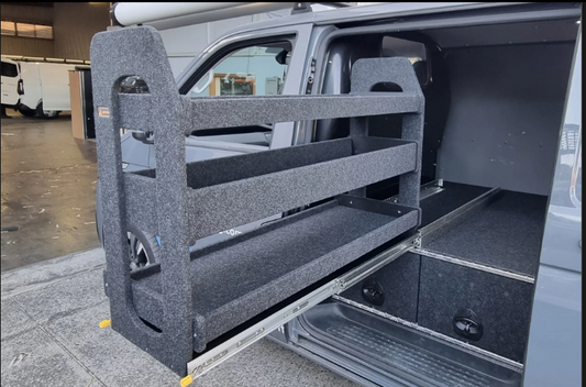 Easy Access shelving extending through the HiAce sliding door
