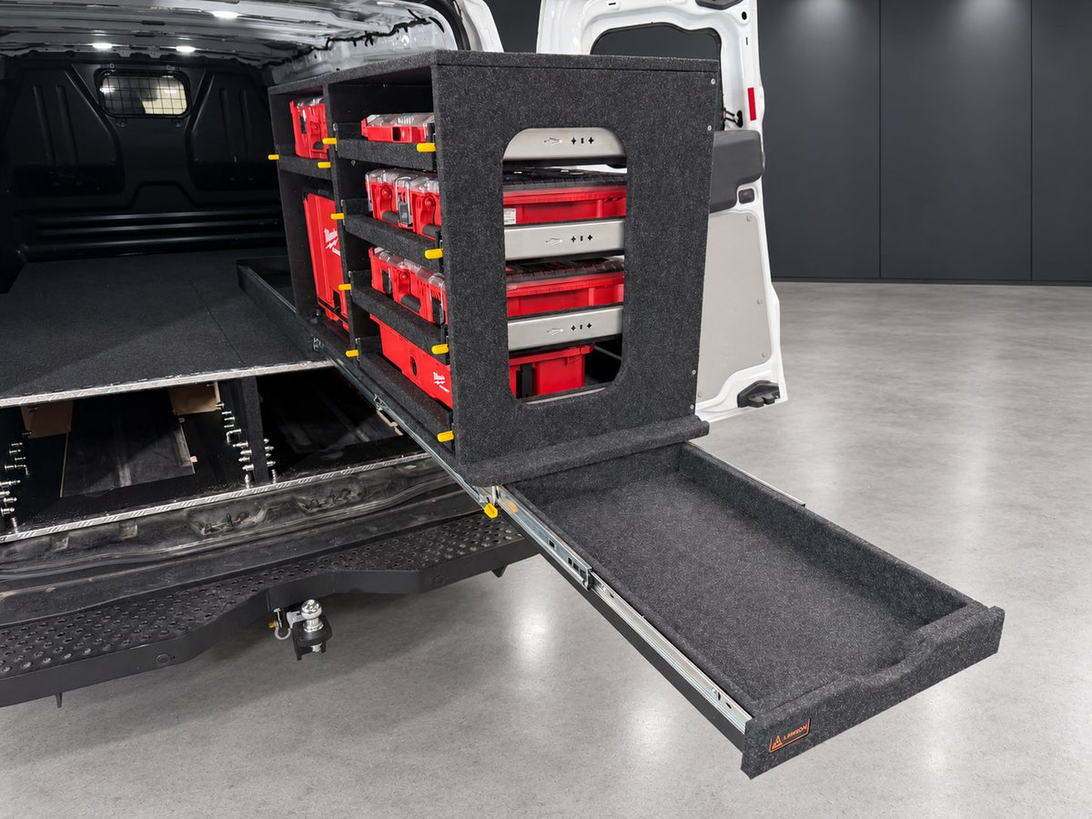 Ford Transit Custom side view of the Milwaukee Easy Access frame and extended slim utility drawer