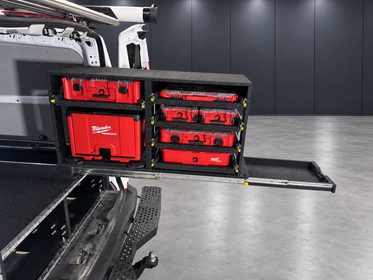 Front view of the Milwaukee Easy Access System extended behind a Ford Transit Custom