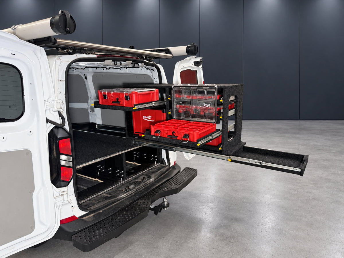 Ford Transit Custom rear installation with independent PACKOUT shelves and main slide extended
