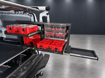 Ford Transit Custom Milwaukee Easy Access System with large PACKOUT case and open organiser on separate sliding shelves