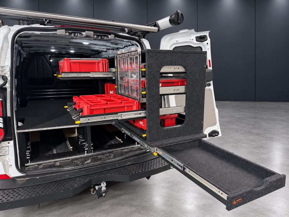 Ford Transit Custom installation showing open organiser, shelf runners and the slim utility drawer