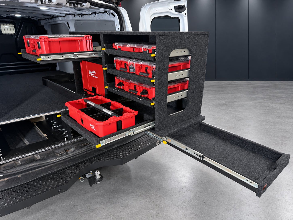 Ford Transit Custom Milwaukee Easy Access System with the lower PACKOUT tote and upper case extended