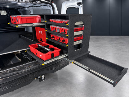 Ford Transit Custom Milwaukee Easy Access System with the lower PACKOUT tote and upper case extended