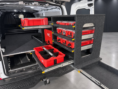 Rear three-quarter view of the Ford Transit Custom Milwaukee system with independent shelves extended