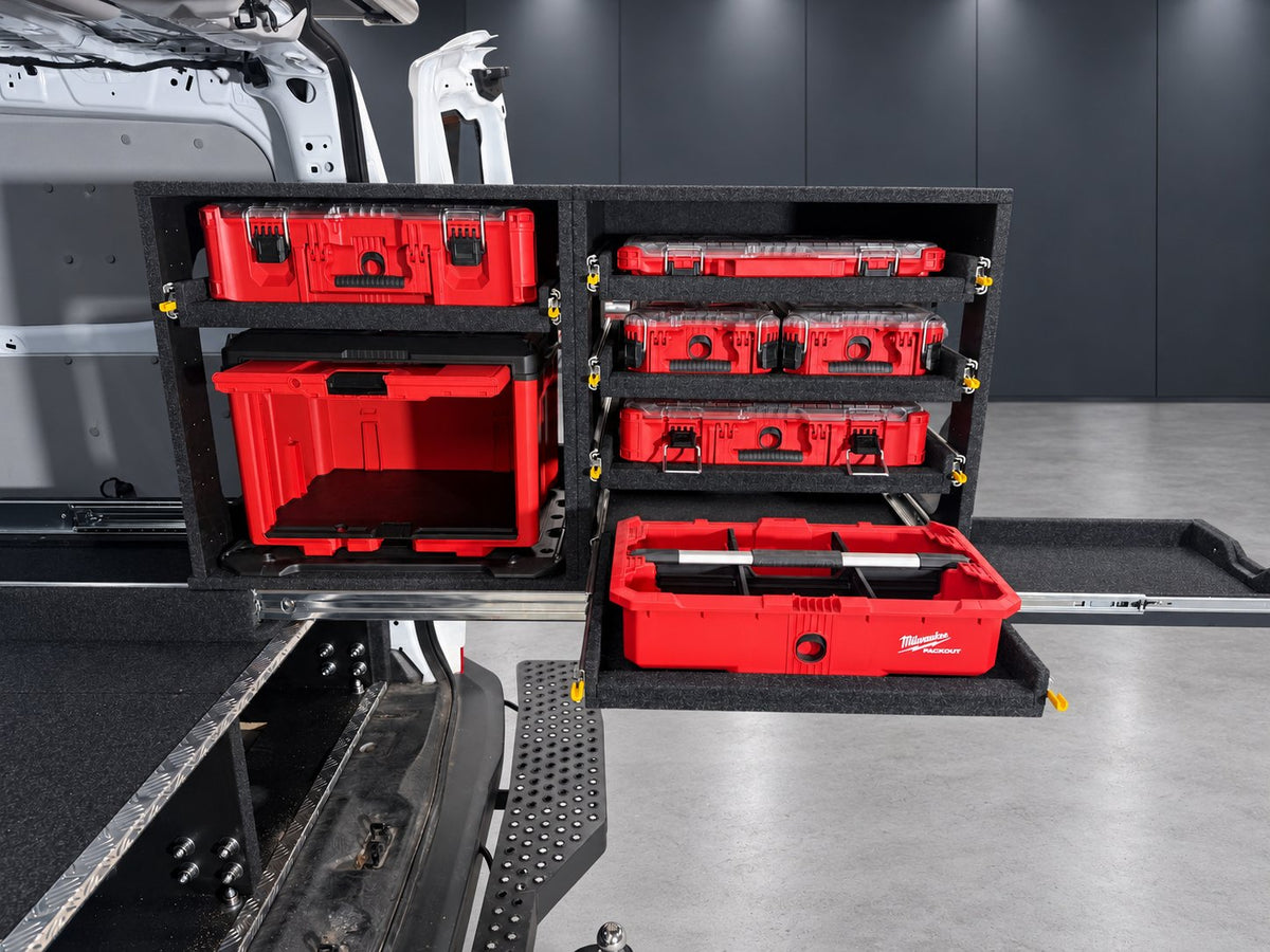 Ford Transit Custom Milwaukee Easy Access System with PACKOUT cabinet open and lower tote shelf extended