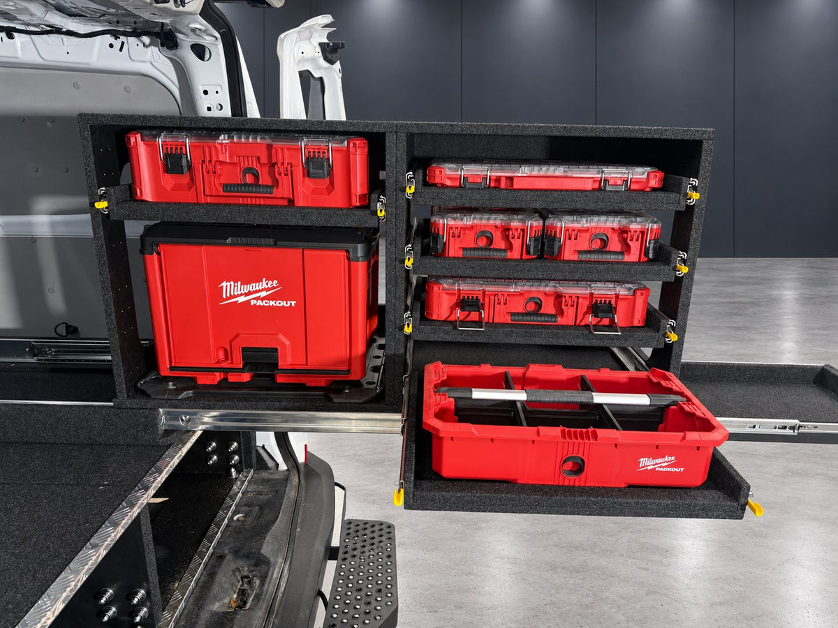 Ford Transit Custom Milwaukee Easy Access System with closed cabinet and lower tote shelf extended