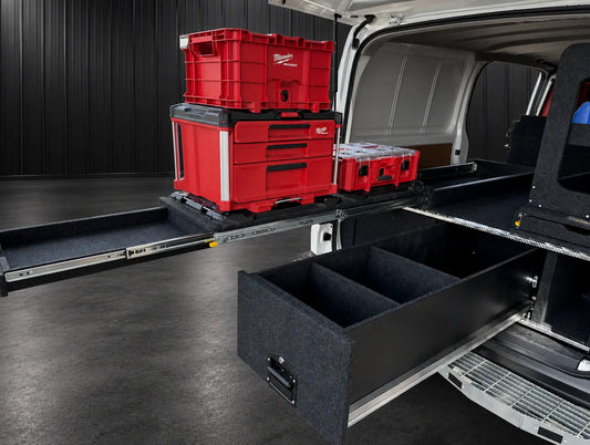 Toyota HiAce rear drawer system with optional Milwaukee slide in a reference fitout
