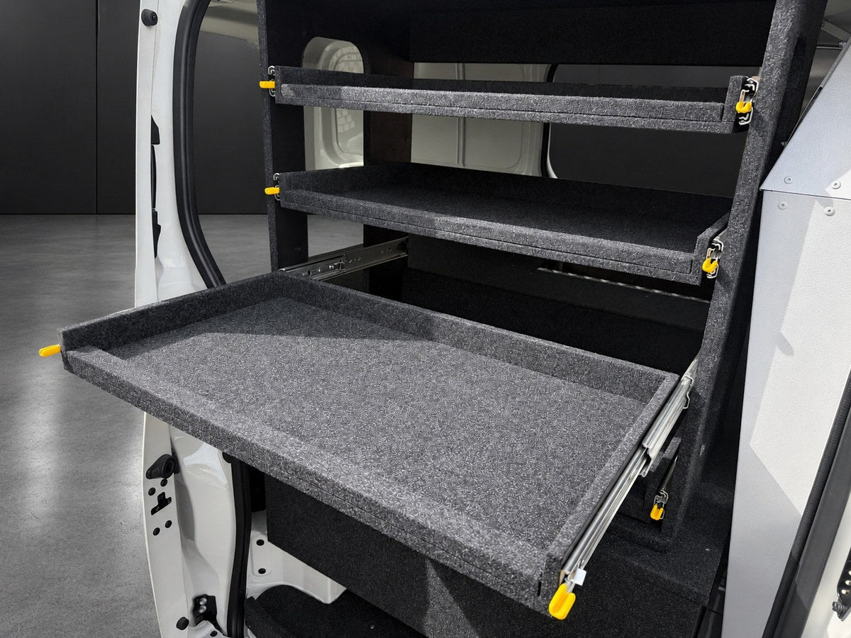 Access Side Door Shelving in a Toyota HiAce with an individual shelf extended through the sliding door, cool white background treatment