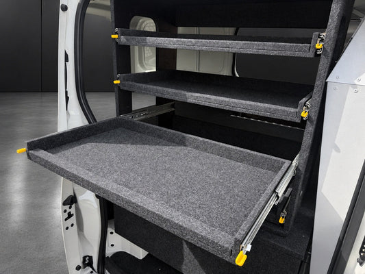 Access Side Door Shelving in a Toyota HiAce with an individual shelf extended through the sliding door, cool white background treatment
