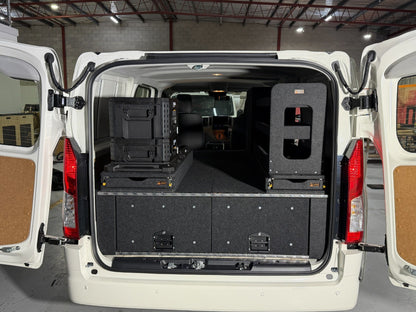 Easy Access shelving stowed inside the HiAce rear doors