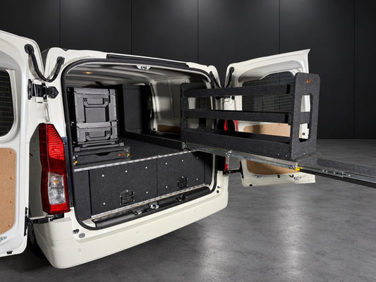 Rear access Easy Access shelving extended from a Toyota HiAce