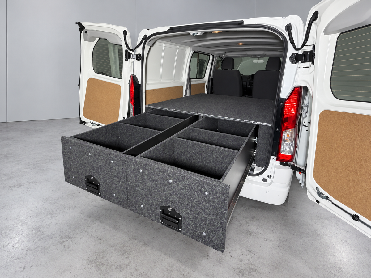 Toyota HiAce plain twin rear drawers extended, with removable dividers and no optional sliders or shelving
