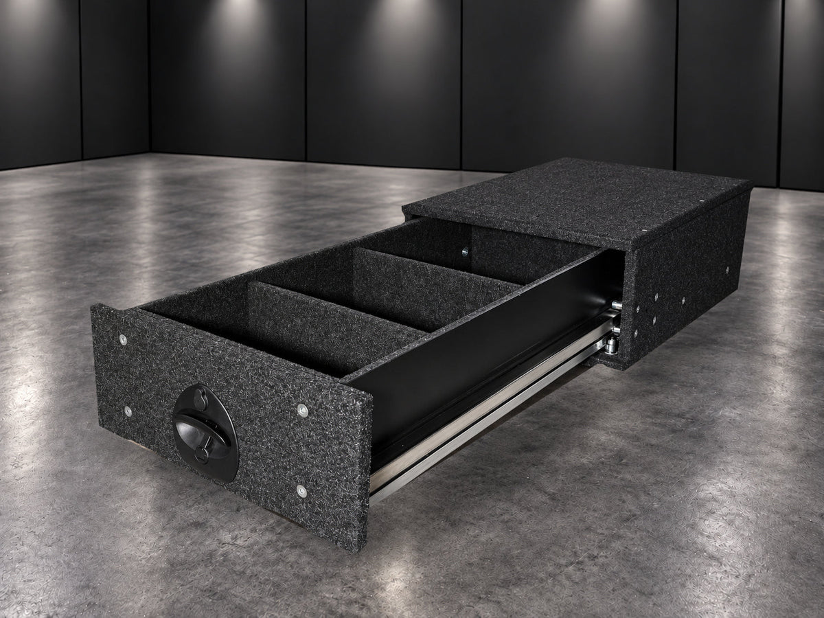 INFINITY drawer open showing carpet-lined dividers and bearing runner