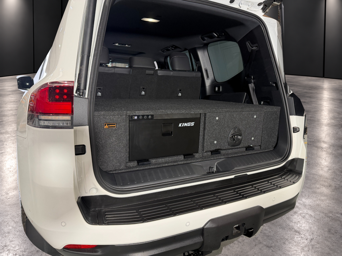 LandCruiser 300 with Kings 30 litre drawer fridge, matching raised drawer and side wings, closed