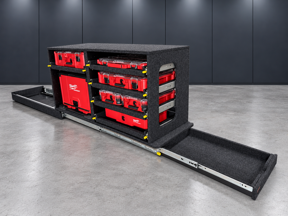 Milwaukee Easy Access System showing the extended main slide and built-in slim utility drawer
