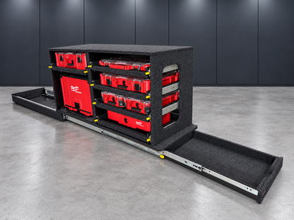 Milwaukee Easy Access System showing the extended main slide and built-in slim utility drawer