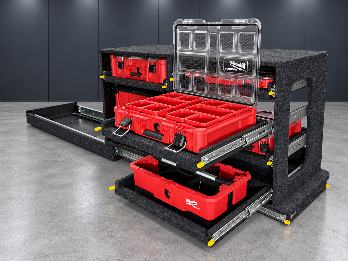 Milwaukee Easy Access System with organiser and tote shelves extended independently