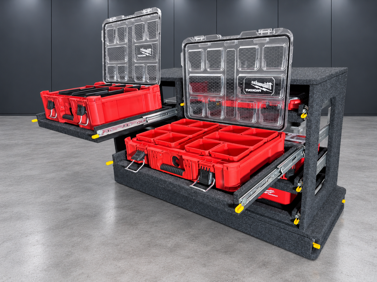 Milwaukee Easy Access System with two organiser shelves extended and PACKOUT lids open