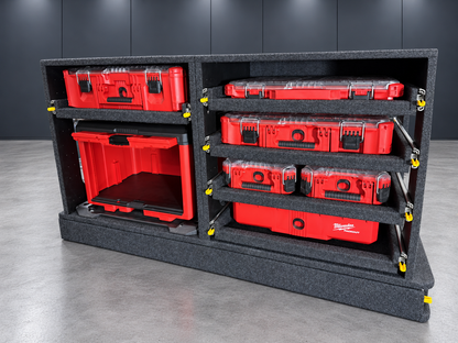Milwaukee Easy Access System showing a base-mounted PACKOUT cabinet with its front door open