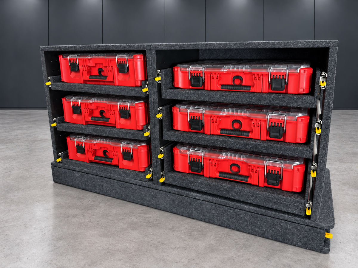 Rendered six-tier Lawson Milwaukee Easy Access System with three large PACKOUT organisers on individual slide shelves in each stack; PACKOUT equipment not included