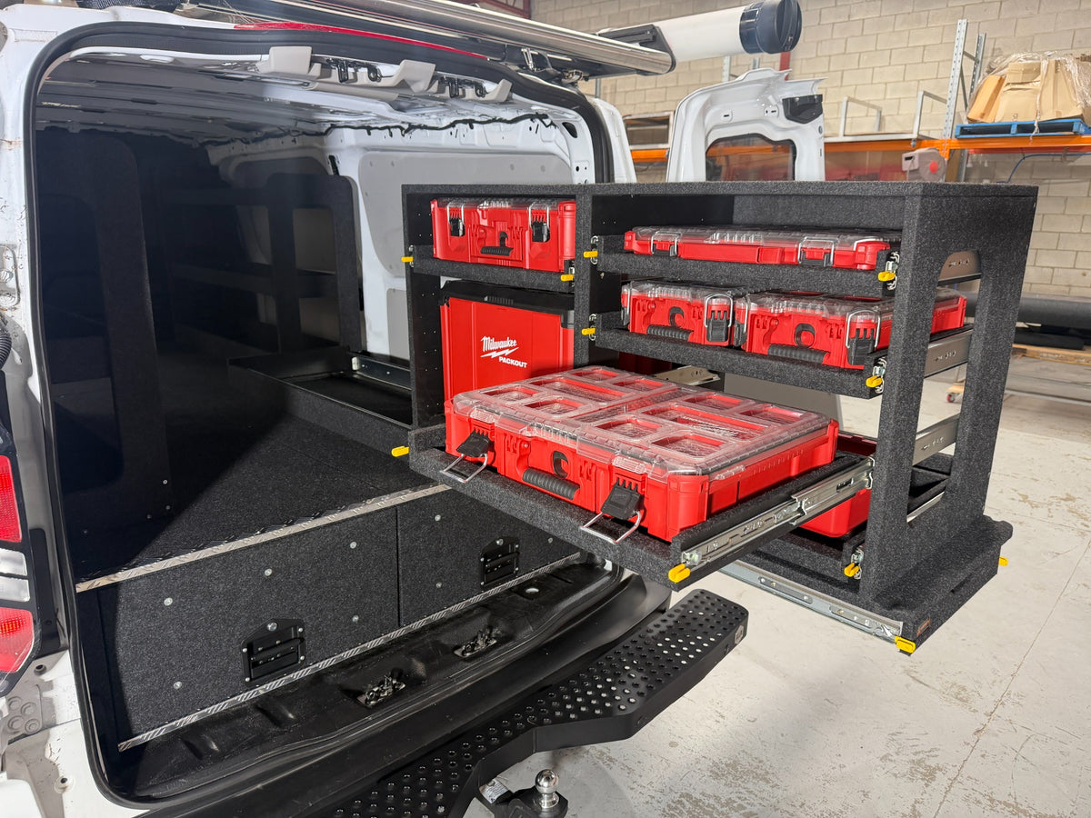 Milwaukee Easy Access System installed above Ford Transit Custom van drawers, with one PACKOUT organiser tier extended