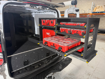 Milwaukee Easy Access System installed above Ford Transit Custom van drawers, with one PACKOUT organiser tier extended