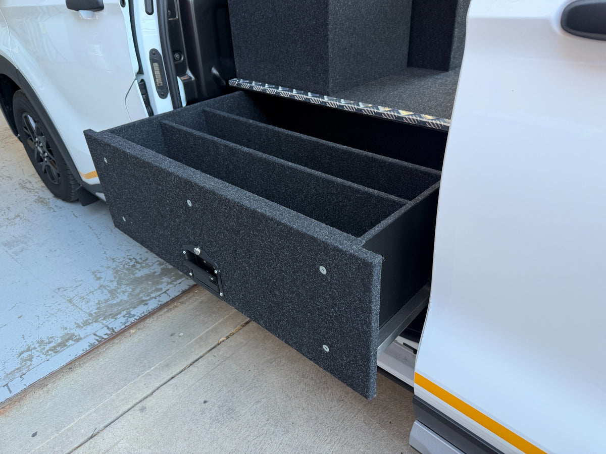 Ford Transit Custom opposed drawer extended beneath drawer-top shelving