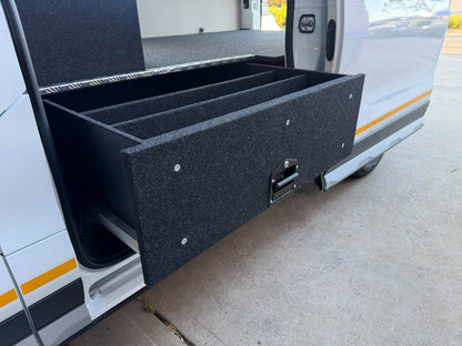 Wide view of the Transit Custom twin opposed drawer with internal dividers
