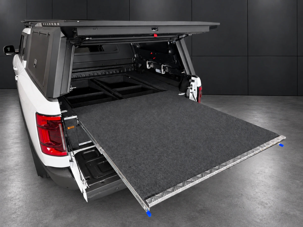 Full sliding top deck over twin ute drawers with the Lawson Automotive orange badge
