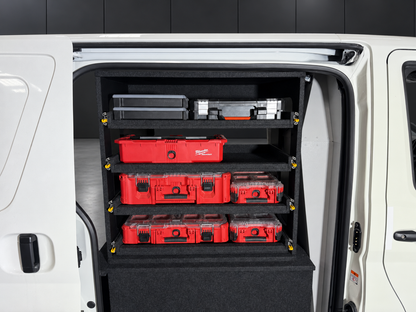 Lawson side door shelving loaded with Milwaukee Packout organisers and tool cases