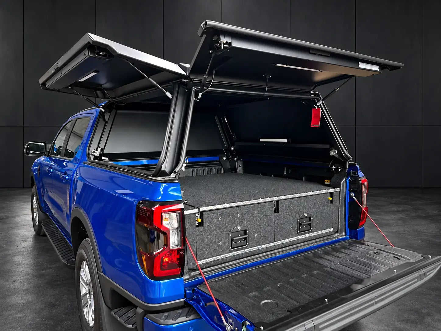 Ford Ranger twin rear drawers and carpeted top deck fitted beneath a canopy